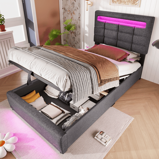 Cama estofada 90x200cm - Com comando remoto APP, com luzes LED, armazenamento hidráulico, com porta USB - Cinza