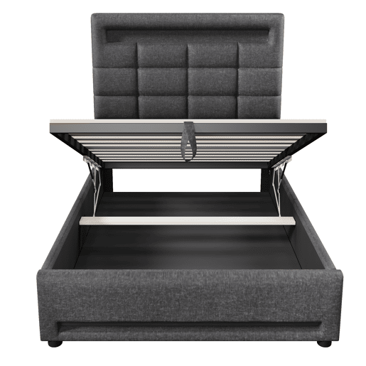 Cama estofada 90x200cm - Com comando remoto APP, com luzes LED, armazenamento hidráulico, com porta USB - Cinza