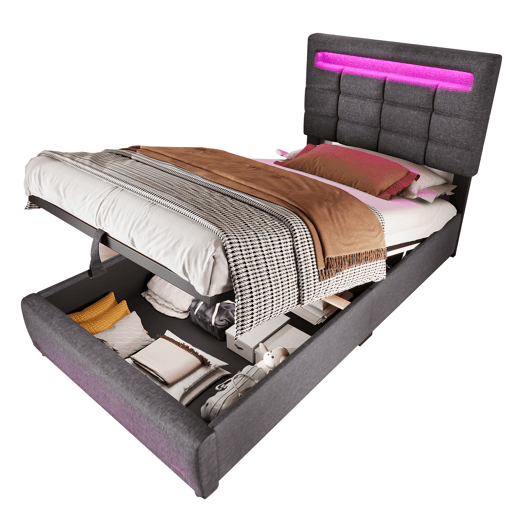 Cama estofada 90x200cm - Com comando remoto APP, com luzes LED, armazenamento hidráulico, com porta USB - Cinza