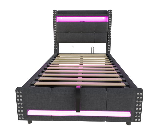 Cama infantil 90x200 cm - con led, usb, almacenamiento hidráulico y estantes - gris