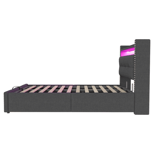 Cama infantil 90x200 cm - com LED, USB, armazenamento hidráulico e prateleiras - Cinza