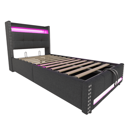 Cama infantil 90x200 cm - com LED, USB, armazenamento hidráulico e prateleiras - Cinza