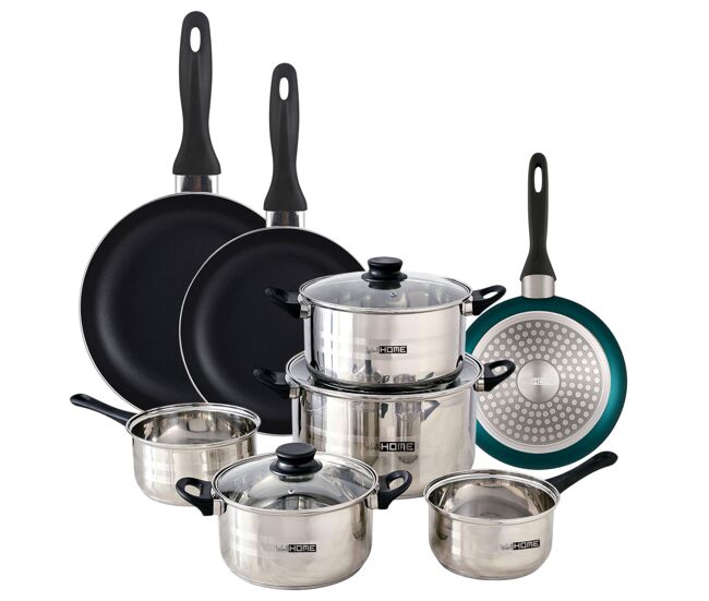 Well home set de batería de cocina de 8pc en acero inoxidable + 3 sartenes ø16ø20ø24cm azul metalizado en aluminio