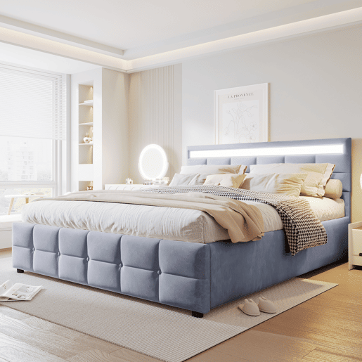 Cama estofada 180x200 cm - LED, base, cama hidráulica, tecido de veludo holandês - Cinza