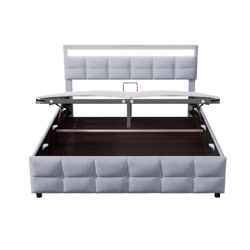 Cama estofada 180x200 cm - LED, base, cama hidráulica, tecido de veludo holandês - Cinza