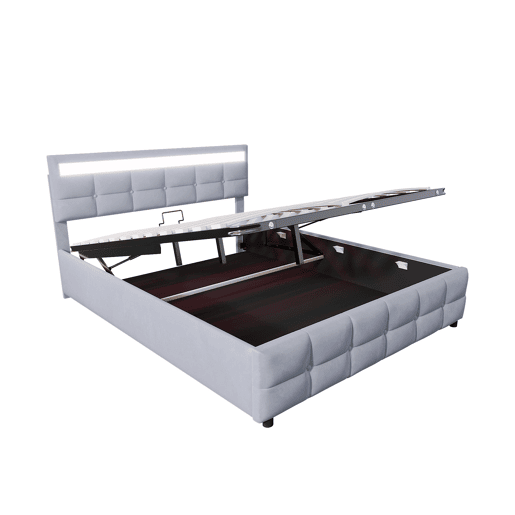 Cama estofada 180x200 cm - LED, base, cama hidráulica, tecido de veludo holandês - Cinza