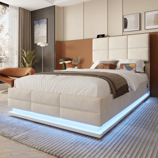 Cama estofada moderna 90x200 cm - cabeceira ajustável, portas USBType-C, iluminação LED ambiente, sistema hidráulico e armazenamento XXL - Bege