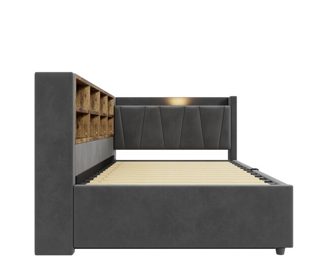 Sofá cama 90x200 cm - con almacenamiento hidráulico, luz nocturna, puertos usb y tipo-c, estantes y compartimentos, cabecero acolchado, multifuncional