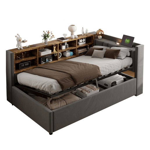 Sofá-cama 90x200 cm - Com armazenamento hidráulico, luz noturna, portas USB e Tipo-C, prateleiras e compartimentos, cabeceira acolchoada, multifuncional, tecido de veludo - Cinza escuro
