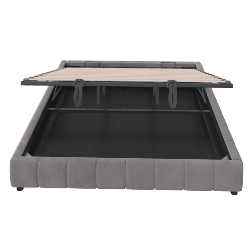 Cama individual 180x200 cm - Sem cabeceira, com faixa de luz LED, estrutura flutuante hidráulica com arrumação - Cinza