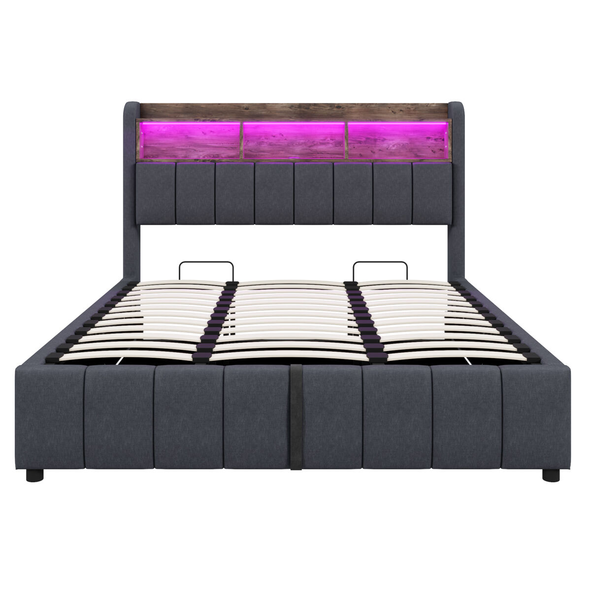 Cama tapizada 180*200 cm - con iluminación led, toma usb, cabecero con estantes y almacenamiento, con hidráulico para almacenamiento - gris