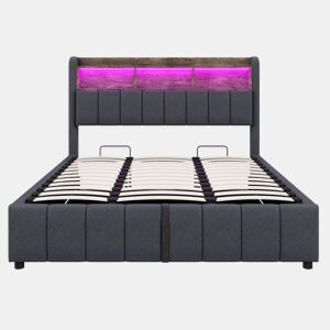 Cama estofada 180*200 cm - Com iluminação LED, tomada USB, cabeceira com prateleiras e arrumação, com sistema hidráulico para arrumação - Cinza