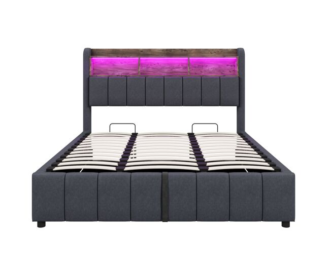 Cama tapizada 180*200 cm - con iluminación led, toma usb, cabecero con estantes y almacenamiento, con hidráulico para almacenamiento - gris