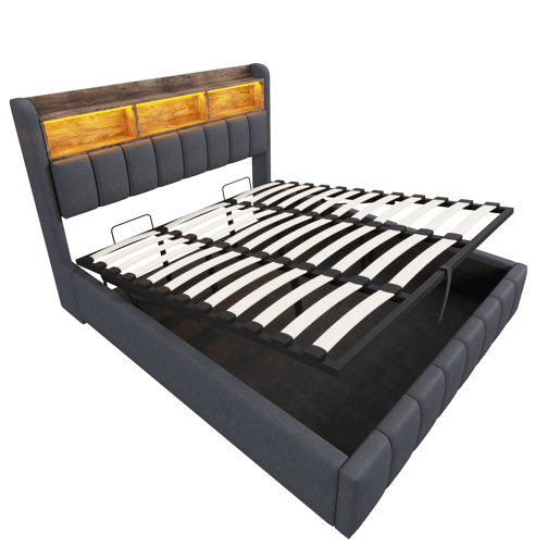 Cama estofada 180*200 cm - Com iluminação LED, tomada USB, cabeceira com prateleiras e arrumação, com sistema hidráulico para arrumação - Cinza