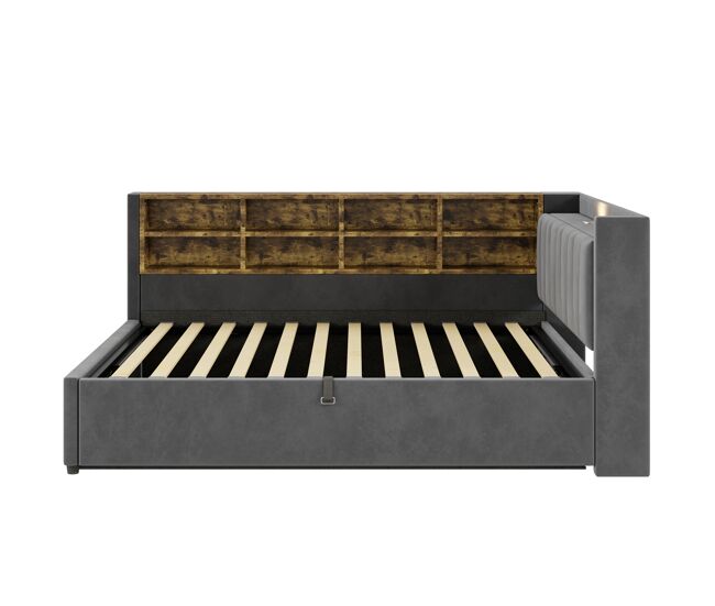 Sofá cama 140*200 cm - con almacenamiento hidráulico, luz nocturna, puertos usb y tipo-c, con estantes y compartimentos, cabezal acolchado,
