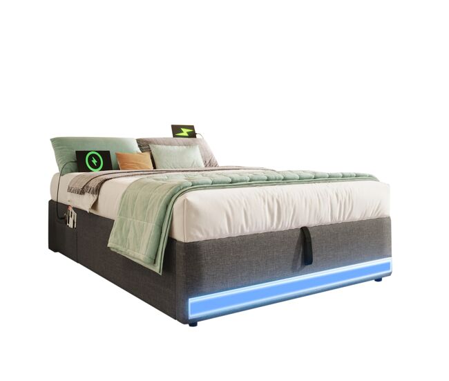 Cama tapizada 90*200 cm - con led, usb, tipo-c, almacenaje hidráulico - gris