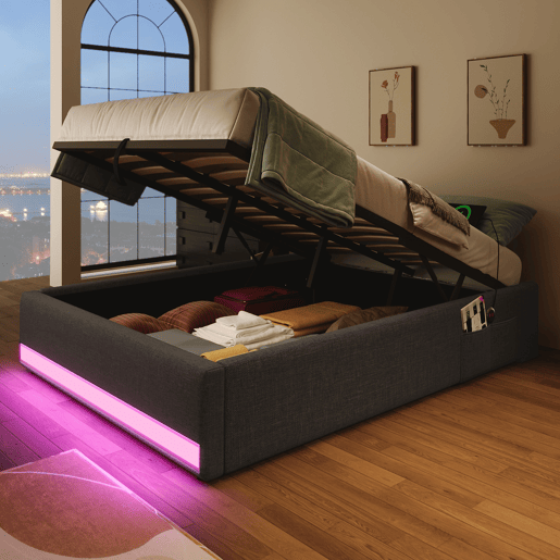 Cama estofada 90*200 cm - Com LED, USB, Tipo C, Armazenamento hidráulico - Cinza