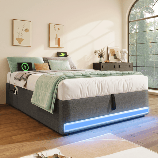 Cama estofada 90*200 cm - Com LED, USB, Tipo C, Armazenamento hidráulico - Cinza