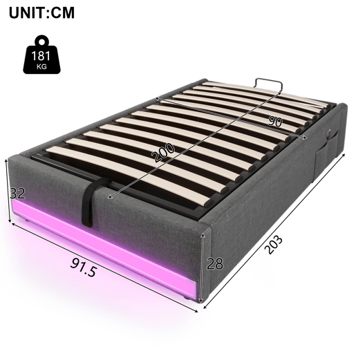 Cama estofada 90*200 cm - Com LED, USB, Tipo C, Armazenamento hidráulico - Cinza