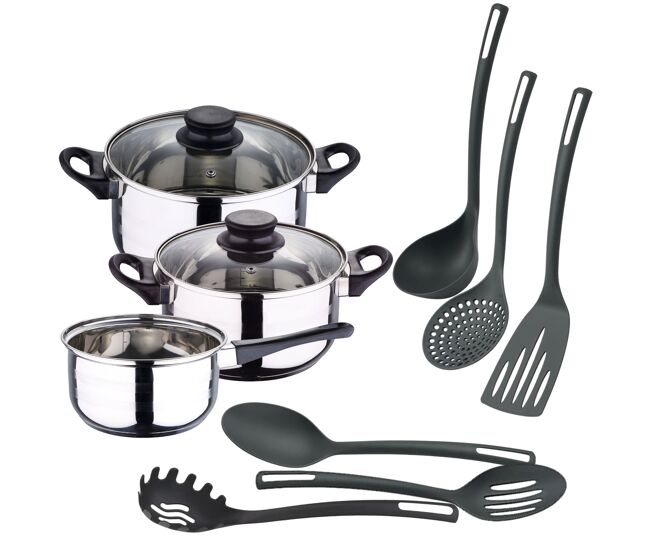 Well home juego de batería de cocina de 5pc en acero inoxidable + 6 utensilios básicos de cocina en pbt negro