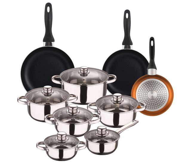 Well home set de batería de cocina de 12pc en acero inoxidable + 3 sartenes ø16ø20ø24cm cobre metalizado en aluminio