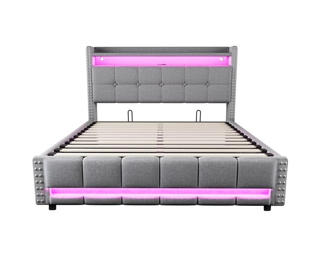 Cama tapizada 160*200 - con led y usb, cabecero con estantes y almacenamiento, hidráulica para almacenamiento - gris claro