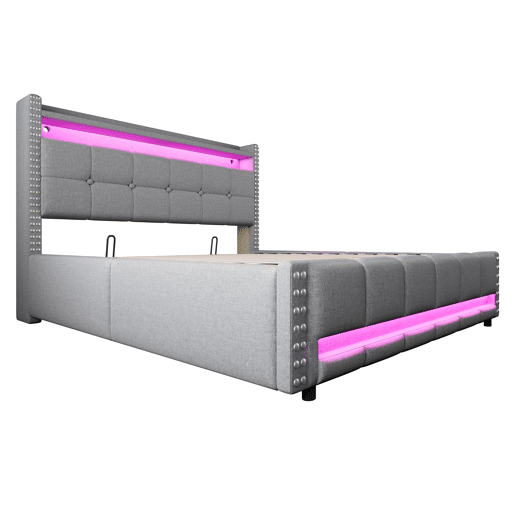 Cama estofada 160*200 - Com LED e USB, cabeceira com prateleiras e arrumação, hidráulica para arrumação - Cinza claro
