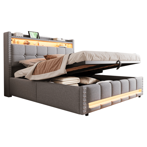 Cama estofada 160*200 - Com LED e USB, cabeceira com prateleiras e arrumação, hidráulica para arrumação - Cinza claro