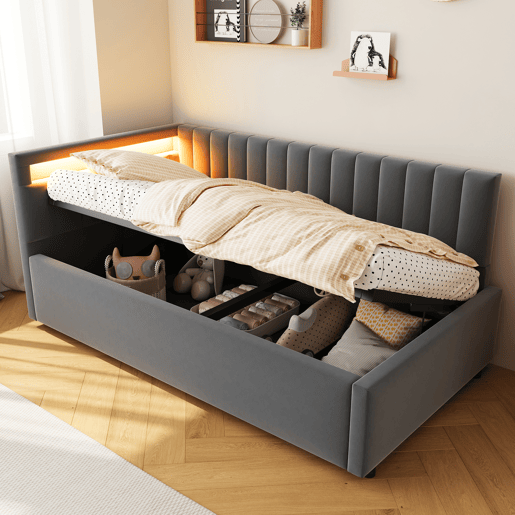 Sofá-cama 90x200 - com LED, armazenamento hidráulico, design com riscas verticais, cabeceiras laterais ajustáveis, estrado, veludo - Cinza