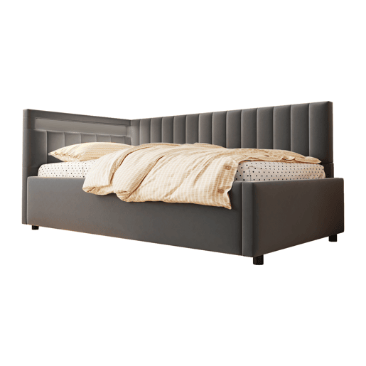 Sofá-cama 90x200 - com LED, armazenamento hidráulico, design com riscas verticais, cabeceiras laterais ajustáveis, estrado, veludo - Cinza