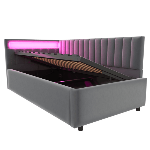 Sofá-cama 90x200 - com LED, armazenamento hidráulico, design com riscas verticais, cabeceiras laterais ajustáveis, estrado, veludo - Cinza