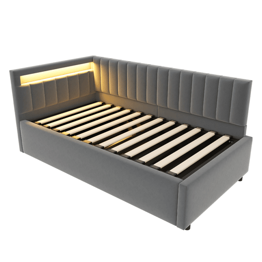 Sofá-cama 90x200 - com LED, armazenamento hidráulico, design com riscas verticais, cabeceiras laterais ajustáveis, estrado, veludo - Cinza