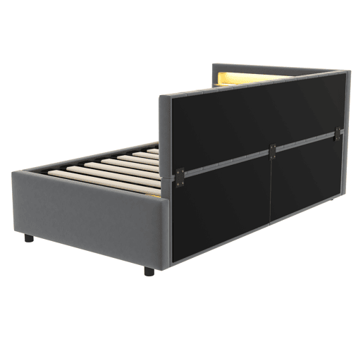 Sofá-cama 90x200 - com LED, armazenamento hidráulico, design com riscas verticais, cabeceiras laterais ajustáveis, estrado, veludo - Cinza