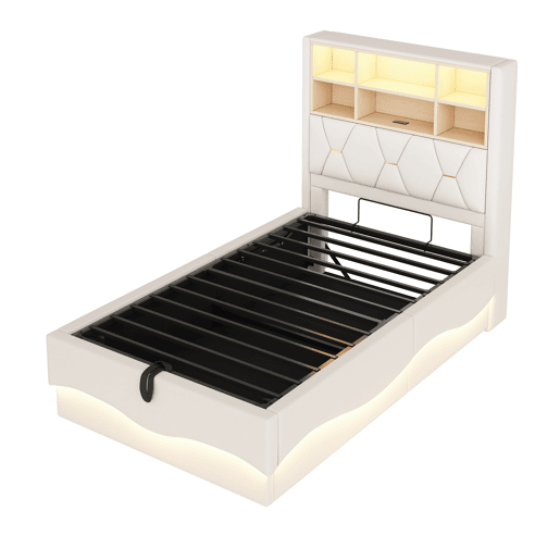 Cama infantil 90x200 cm - Armazenamento hidráulico, faixa LED controlada por app, porta USB, estrado de metal, estofado em linho - Bege