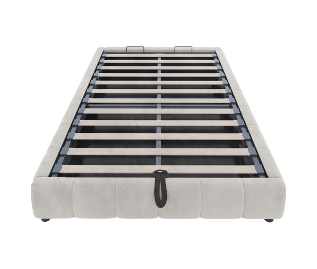 Cama individual 140x200 cm - sin cabecera, con tira led (monocromática), estructura flotante hidráulica con almacenamiento - beige