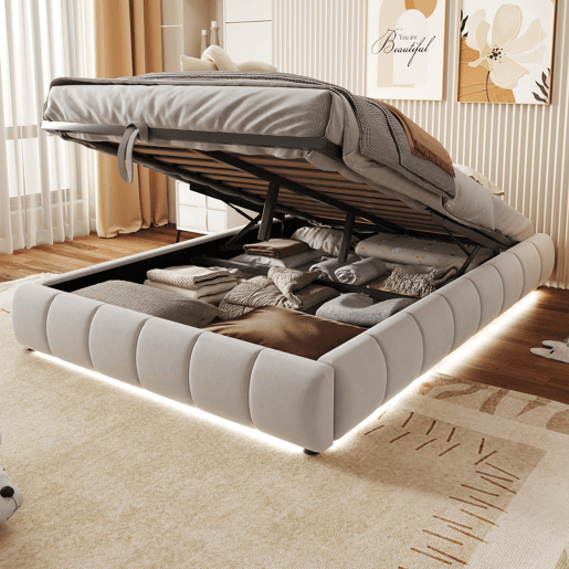 Cama individual 140x200 cm - Sem cabeceira, com faixa LED (monocromática), estrutura flutuante hidráulica com arrumação - Bege