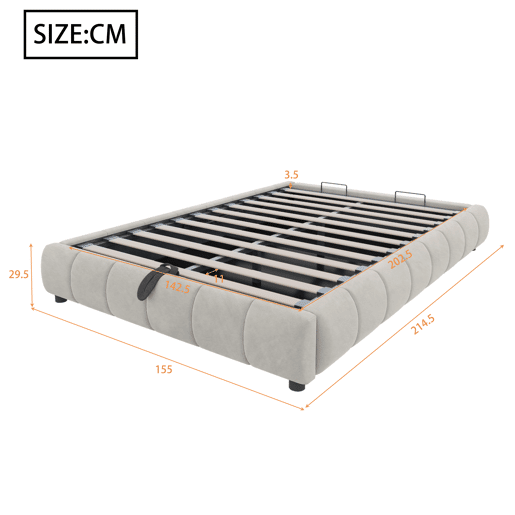 Cama individual 140x200 cm - Sem cabeceira, com faixa LED (monocromática), estrutura flutuante hidráulica com arrumação - Bege