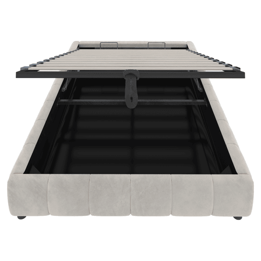 Cama individual 140x200 cm - Sem cabeceira, com faixa LED (monocromática), estrutura flutuante hidráulica com arrumação - Bege