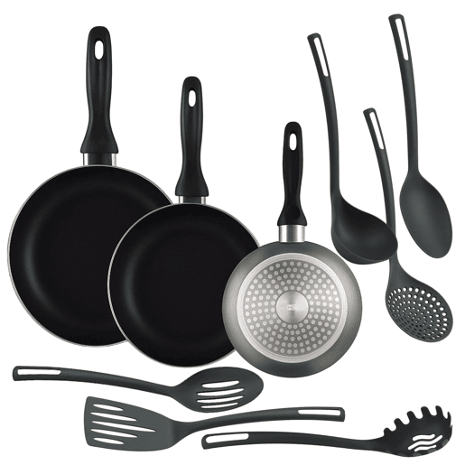 Conjunto de 3 frigideiras + 6 utensílios de cozinha Well Home
