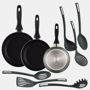 Conjunto de 3 frigideiras + 6 utensílios de cozinha Well Home