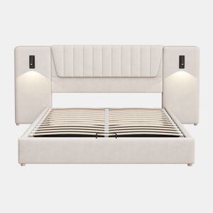 Cama estofada 180x200 cm - Com encosto extra longo, candeeiro de leitura regulável, porta USB, cama com arrumação hidráulica - Bege