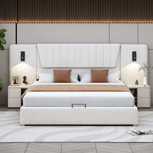 Cama estofada 180x200 cm - Com encosto extra longo, candeeiro de leitura regulável, porta USB, cama com arrumação hidráulica - Bege