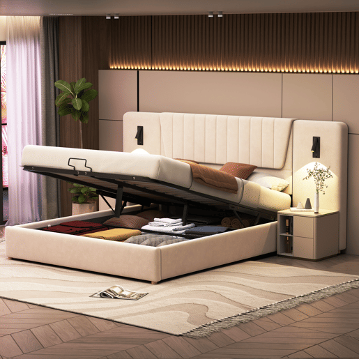 Cama estofada 180x200 cm - Com encosto extra longo, candeeiro de leitura regulável, porta USB, cama com arrumação hidráulica - Bege