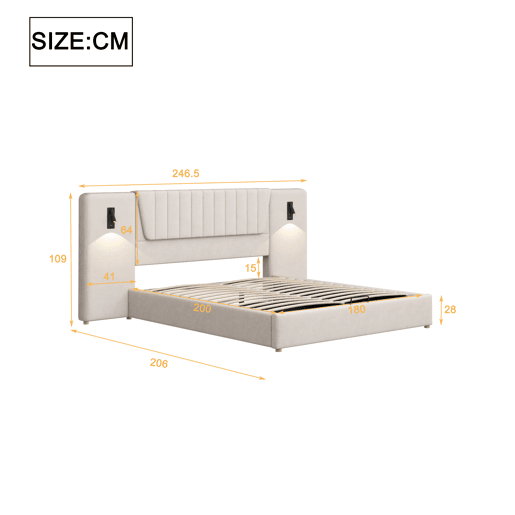 Cama estofada 180x200 cm - Com encosto extra longo, candeeiro de leitura regulável, porta USB, cama com arrumação hidráulica - Bege