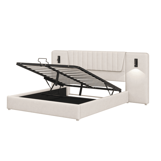Cama estofada 180x200 cm - Com encosto extra longo, candeeiro de leitura regulável, porta USB, cama com arrumação hidráulica - Bege