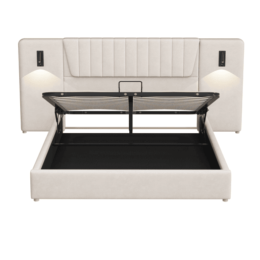 Cama estofada 180x200 cm - Com encosto extra longo, candeeiro de leitura regulável, porta USB, cama com arrumação hidráulica - Bege