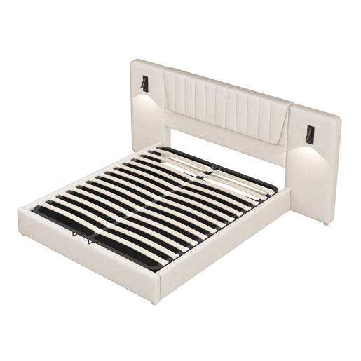 Cama estofada 180x200 cm - Com encosto extra longo, candeeiro de leitura regulável, porta USB, cama com arrumação hidráulica - Bege