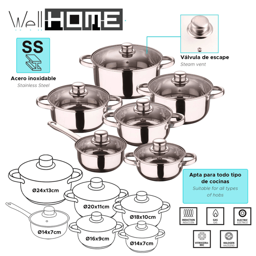 Conjunto de panelas Well Home com 12 peças + 6 utensílios de cozinha Conjunto de panelas Well Home com 12 peças + 6 utensílios de cozinha