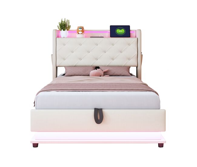 Cama infantil 90x200 cm - con luces cambiantes, toma usb, cabecero abatible, almacenamiento hidráulico, bolsillo para móvil - beige