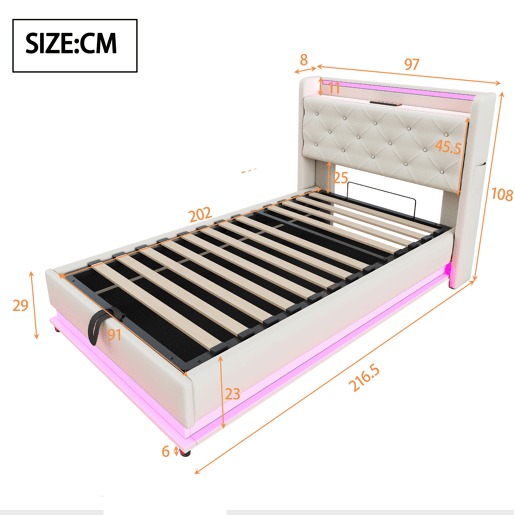 Cama infantil 90x200 cm - Com luzes que mudam, entrada USB, cabeceira rebatível, armazenamento hidráulico, bolso para telemóvel - Bege